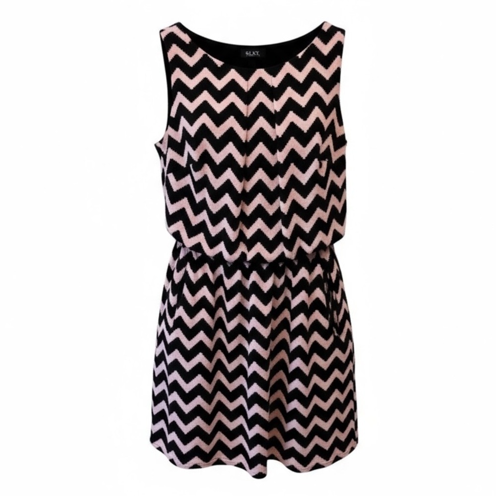 SLNY Pink and Black Chevron Blouson Midi Dress